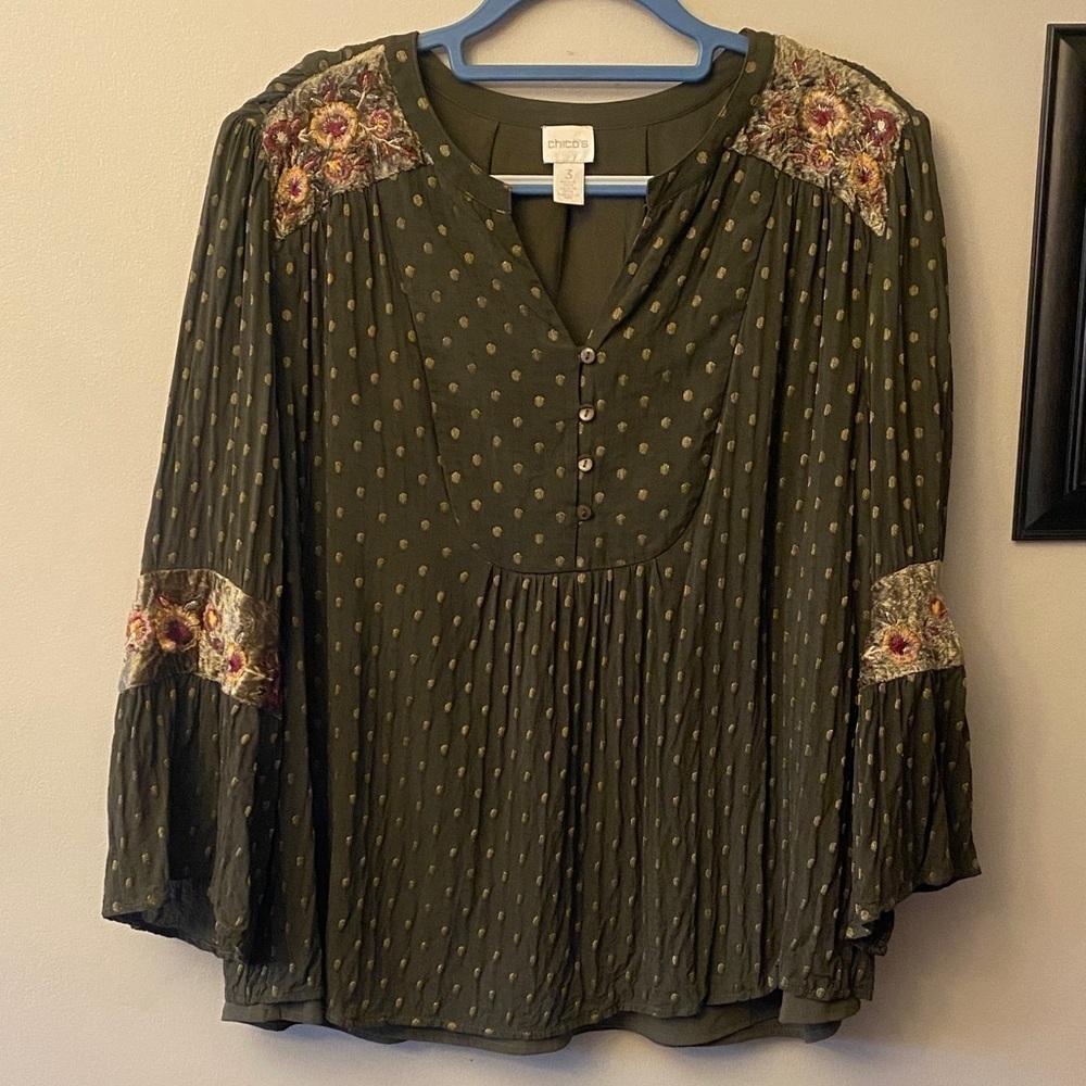 Chico's Dark Green embroidered Polka Dot Floral Blouse